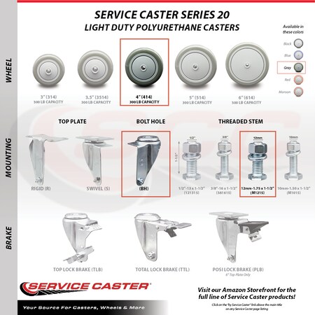 Service Caster 4 Inch SS Gray Polyurethane 12mm Threaded Stem Caster Total Lock Brake, 2PK SCC-SSTSTTL20S414-PPUB-M1215-2-S-2